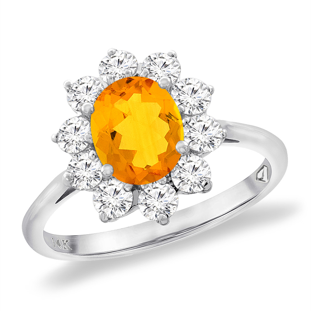 14K White Gold Diamond Natural Citrine Engagement Ring Oval 8x6 mm, sizes 5 -10