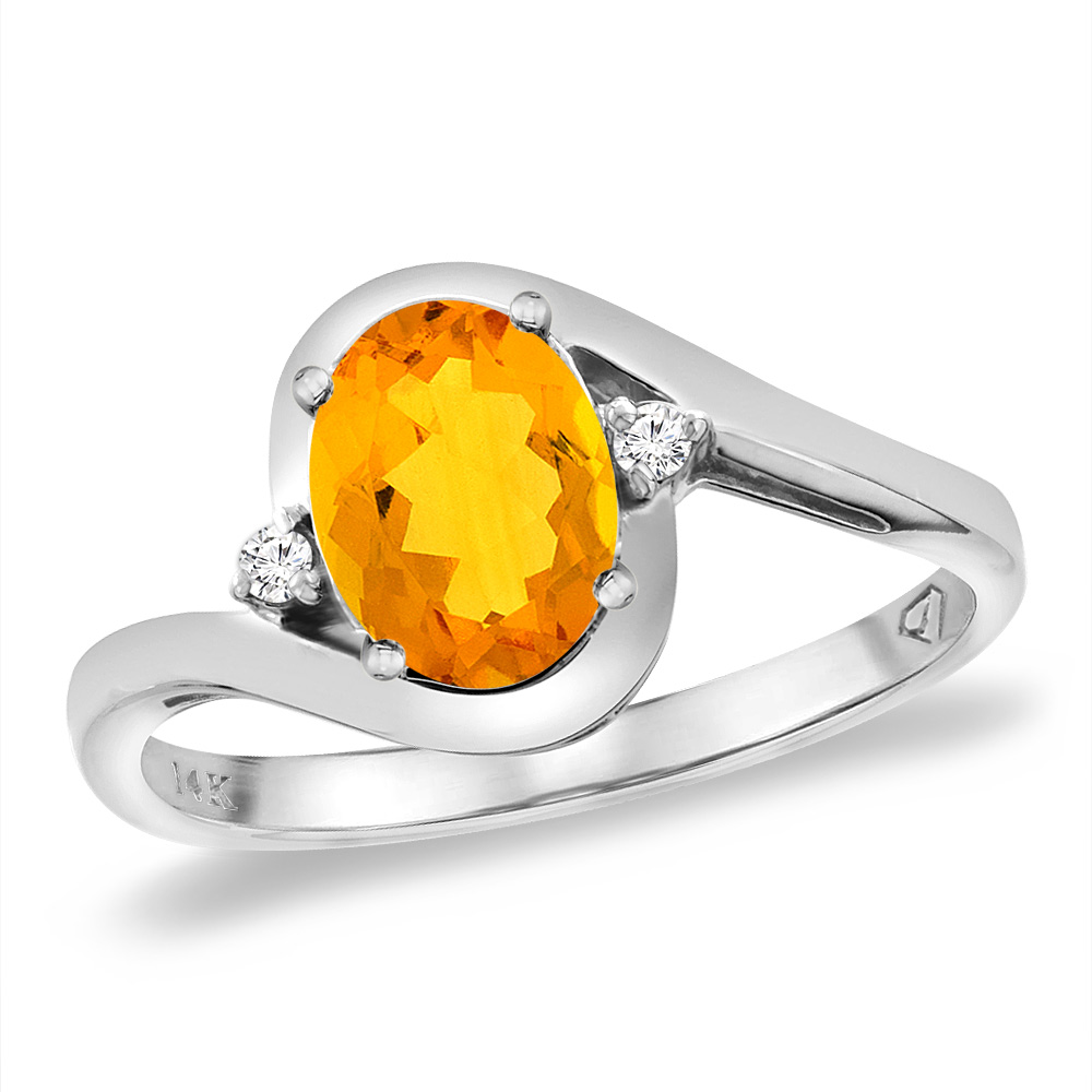 14K White Gold Diamond Natural Citrine Bypass Engagement Ring Oval 8x6 mm, sizes 5 -10