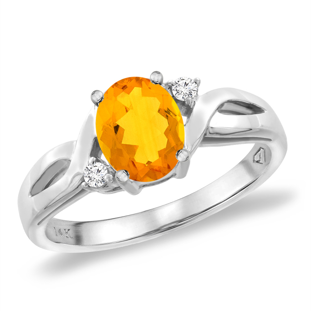 14K White Gold Diamond Natural Citrine Engagement Ring Oval 8x6 mm, sizes 5 -10