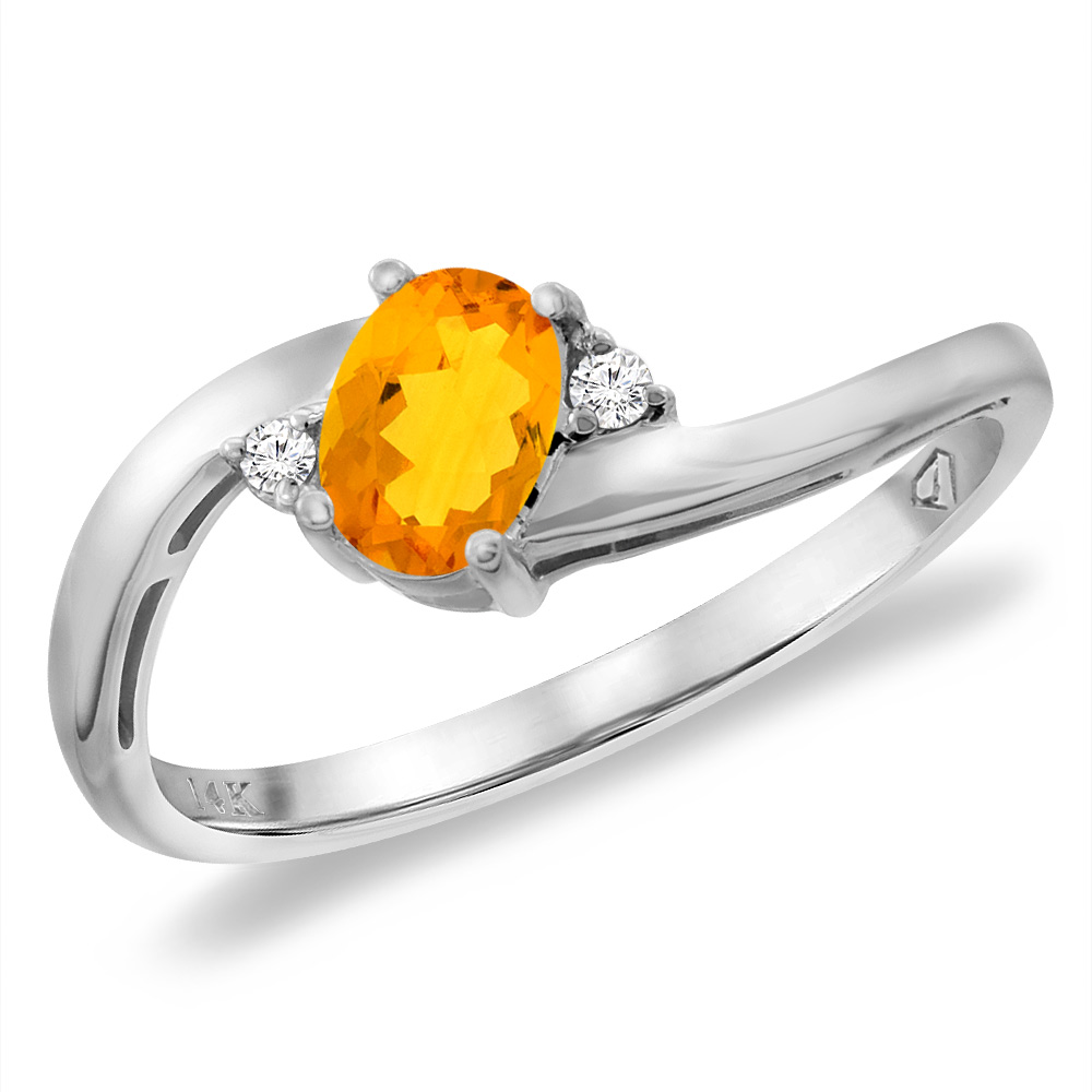 14K White Gold Diamond Natural Citrine Bypass Engagement Ring Oval 6x4 mm, sizes 5 -10