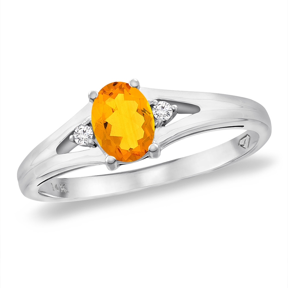 14K White Gold Diamond Natural Citrine Engagement Ring Oval 6x4 mm, sizes 5 -10