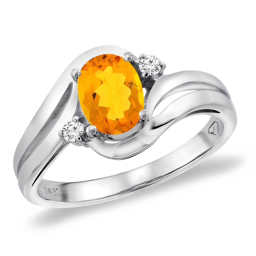 14K White Gold Diamond Natural Citrine Bypass Engagement Ring Oval 8x6 mm, sizes 5 -10