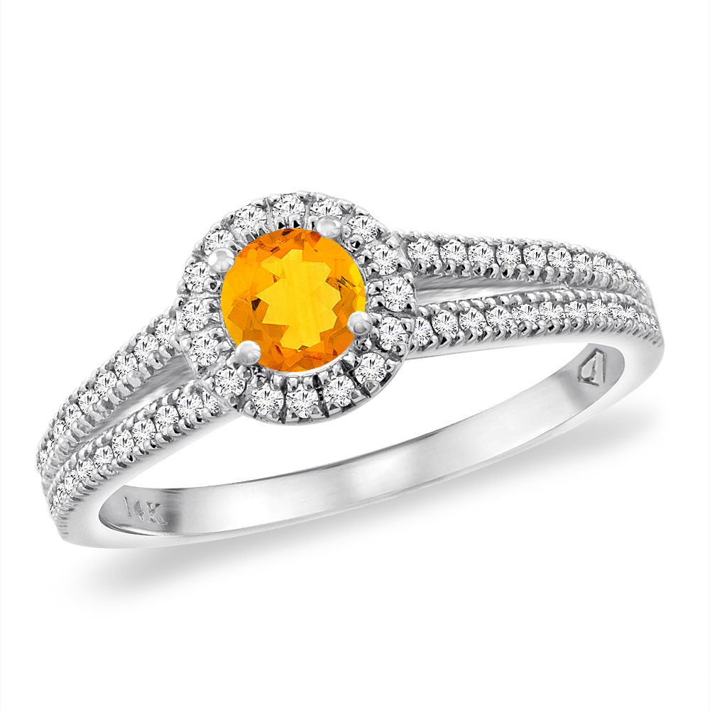 14K White Gold Natural Citrine Split Shank Diamond Halo Engagement Ring 4mm Round, sizes 5 -10