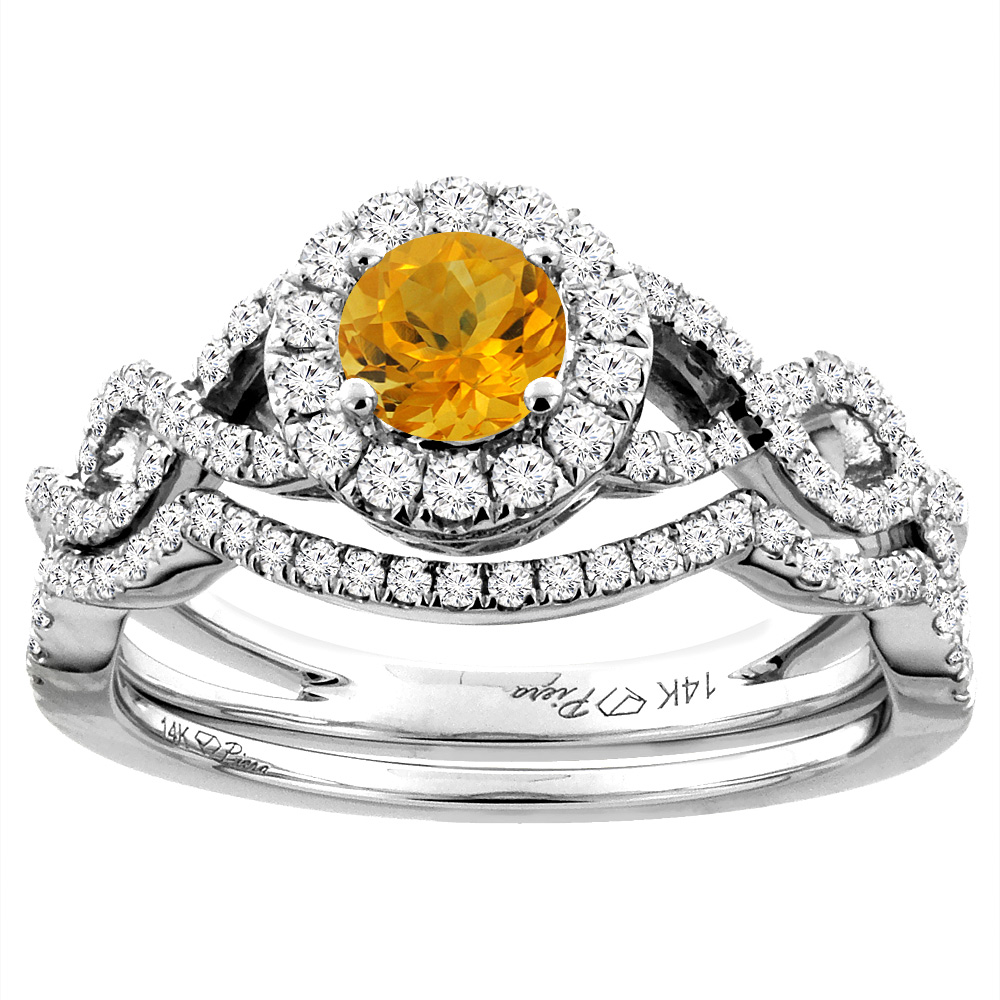 14K White Gold Diamond Natural Citrine Halo Engagement Bridal Ring Set Round 5 mm, sizes 5-10