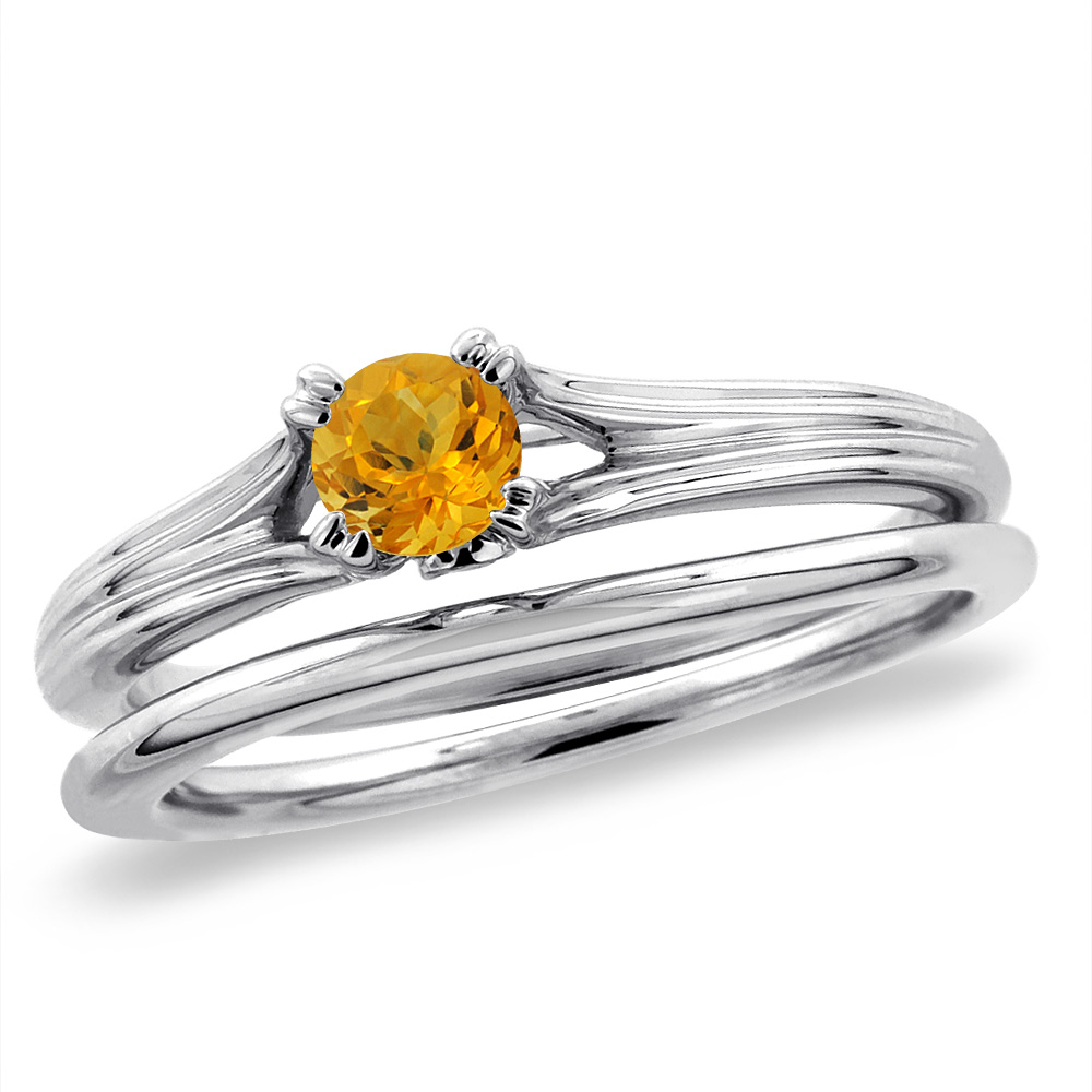 14K White Gold Diamond Natural Citrine 2pc Solitaire Engagement Ring Set Round 6 mm, sizes 5-10