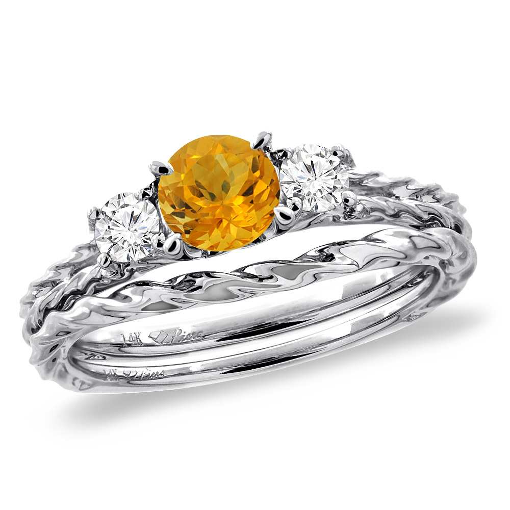 14K White Gold Diamond Natural Citrine 2pc Engagement Ring Set Round 6mm Twisted, sizes 5-10