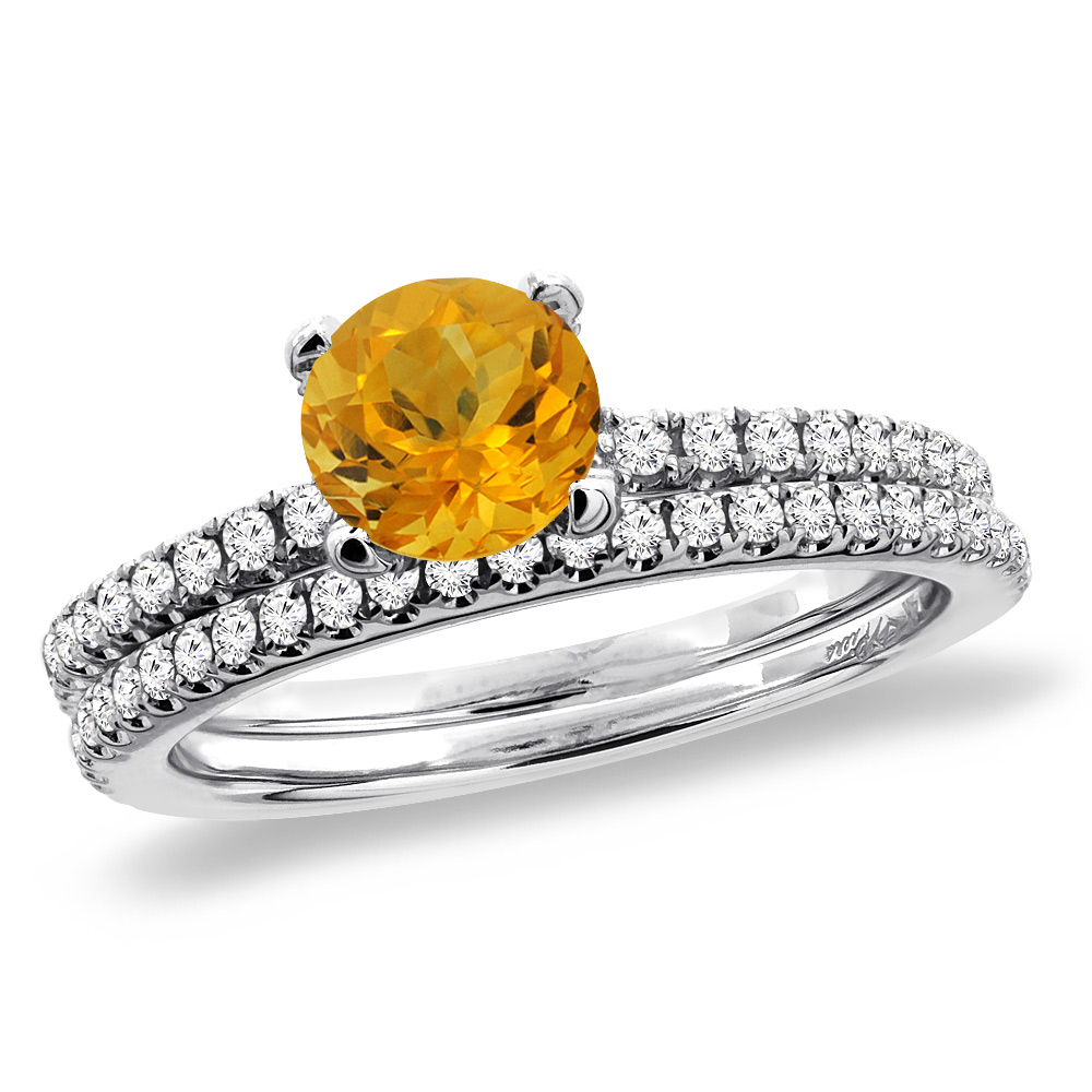 14K White Gold Diamond Natural Citrine 2pc Engagement Ring Set Round 5 mm, sizes 5-10