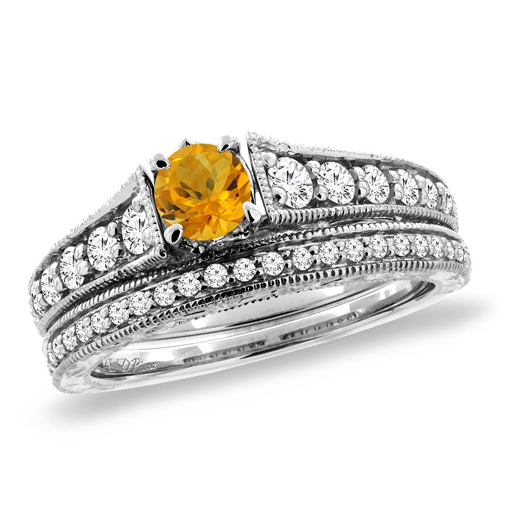 14K White Gold Diamond Natural Citrine 2pc Engagement Ring Set Round 5 mm, sizes 5-10