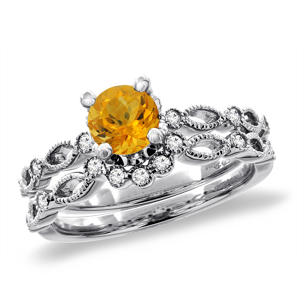 14K White Gold Diamond Natural Citrine 2pc Engagement Ring Set Round 5 mm, sizes 5 - 10