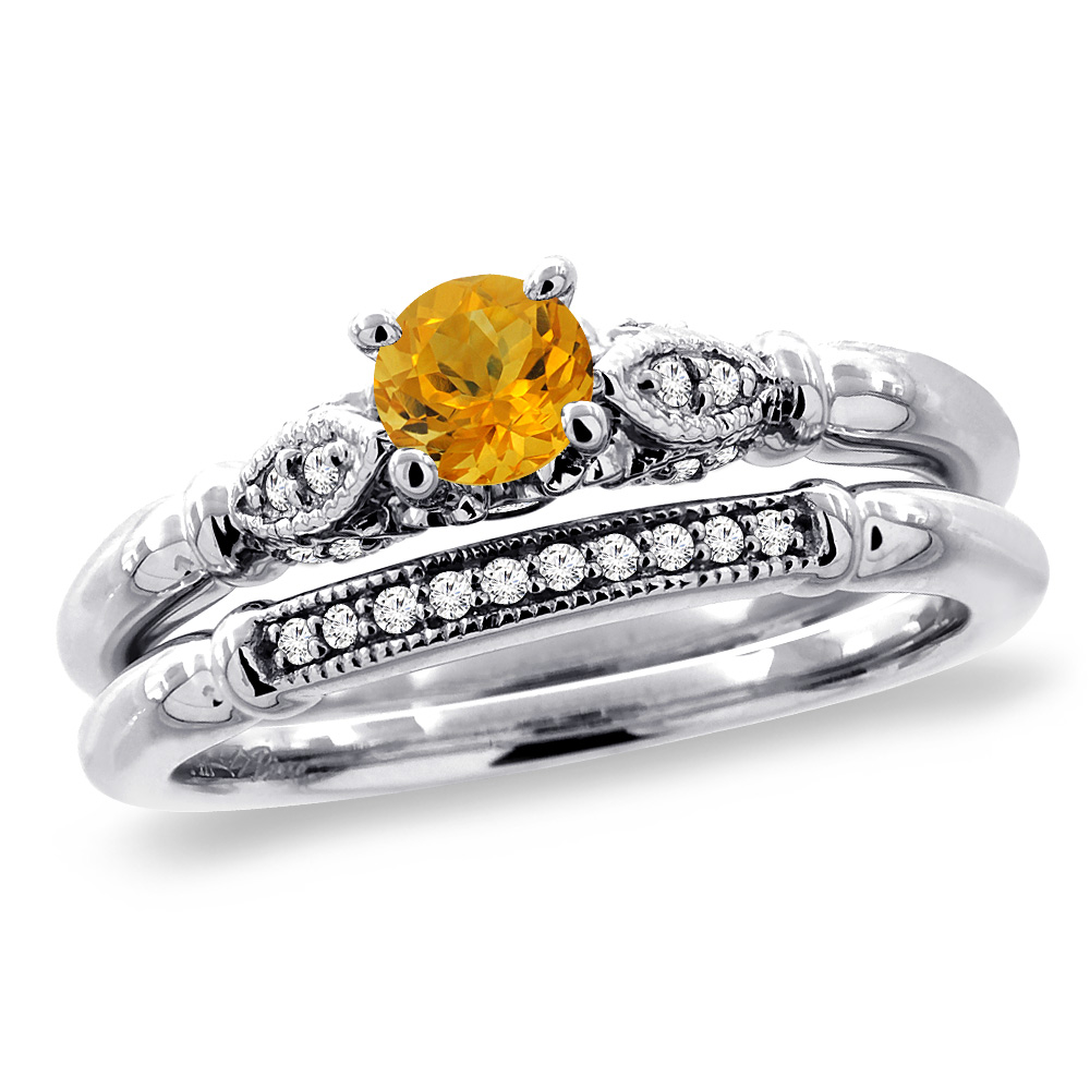 14K White Gold Diamond Natural Citrine 2pc Engagement Ring Set Round 4 mm, sizes 5 - 10