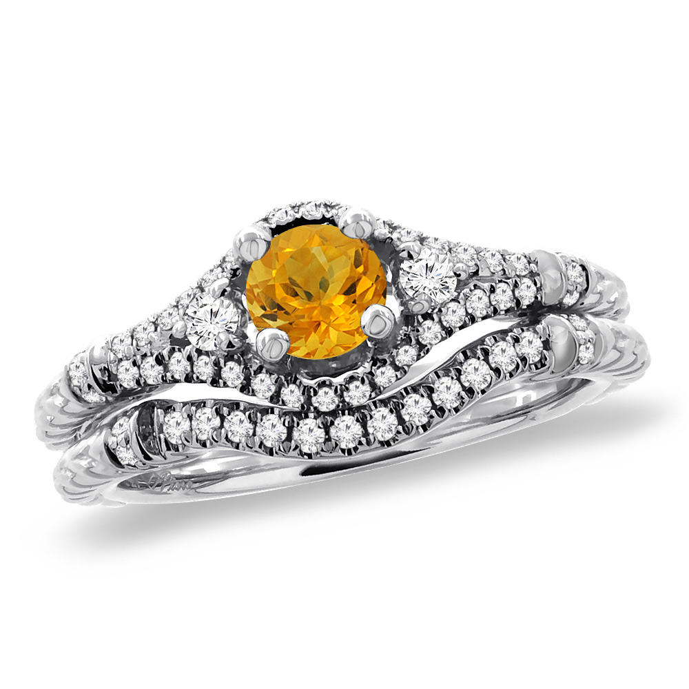 14K White Gold Diamond Natural Citrine 2pc Engagement Ring Set Round 4 mm, sizes 5 - 10