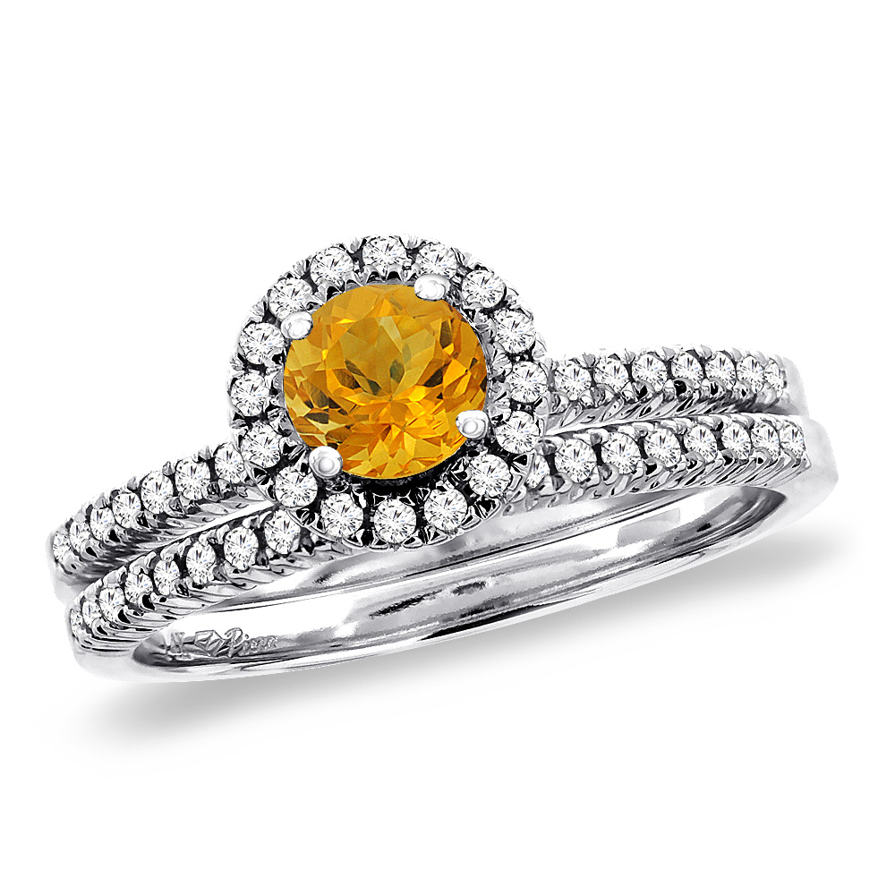 14K White Gold Diamond Natural Citrine 2pc Halo Engagement Ring Set Round 4 mm, size5-10