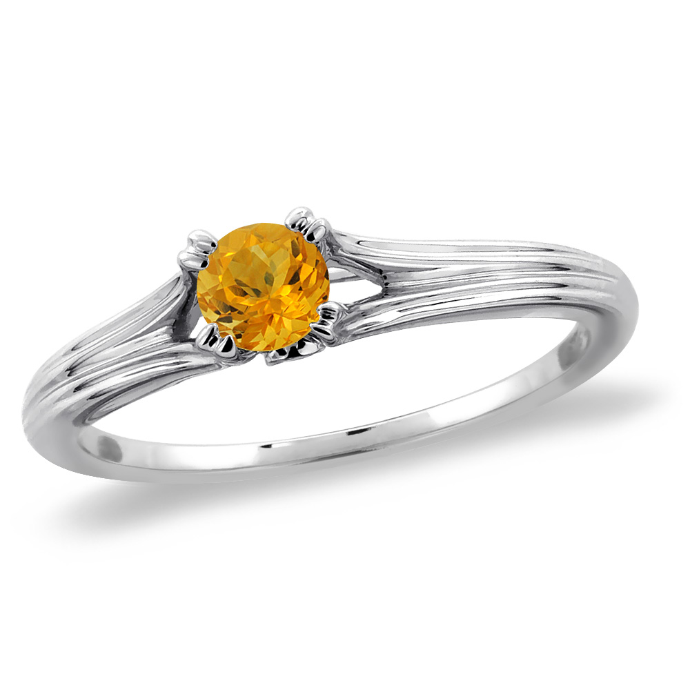 14K White Gold Diamond Natural Citrine Solitaire Engagement Ring Round 5 mm, sizes 5 -10