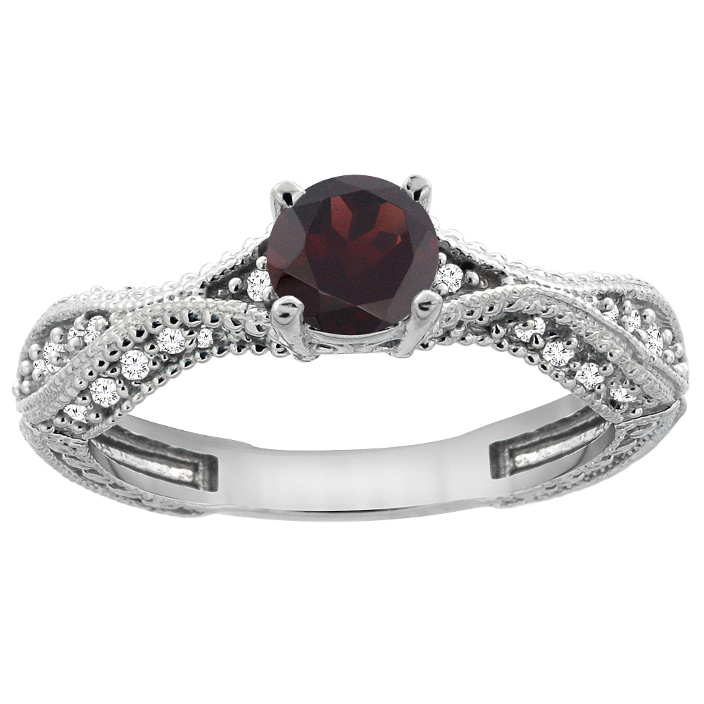 14K White Gold Natural Garnet Round 5mm Engraved Engagement Ring Diamond Accents, sizes 5 - 10