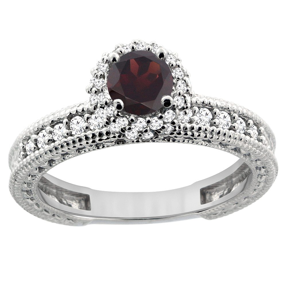 14K White Gold Natural Garnet Round 5mm Engagement Ring Diamond Accents, sizes 5 - 10