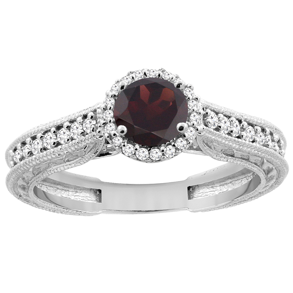 14K White Gold Natural Garnet Round 5mm Engraved Engagement Ring Diamond Accents, sizes 5 - 10