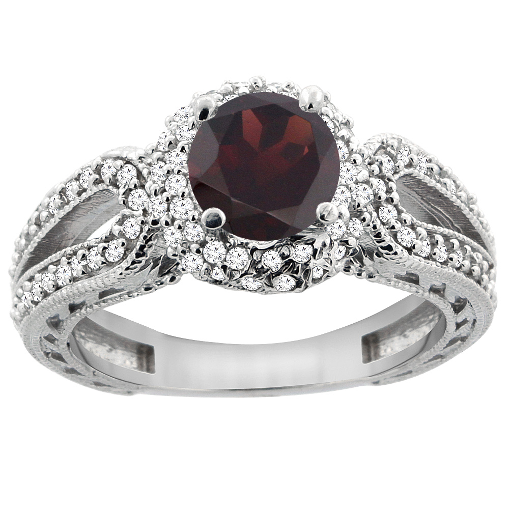 14K White Gold Natural Garnet Engagement Ring Round 6mm Engraved Split Shank Diamond Accents, sizes 5 - 10