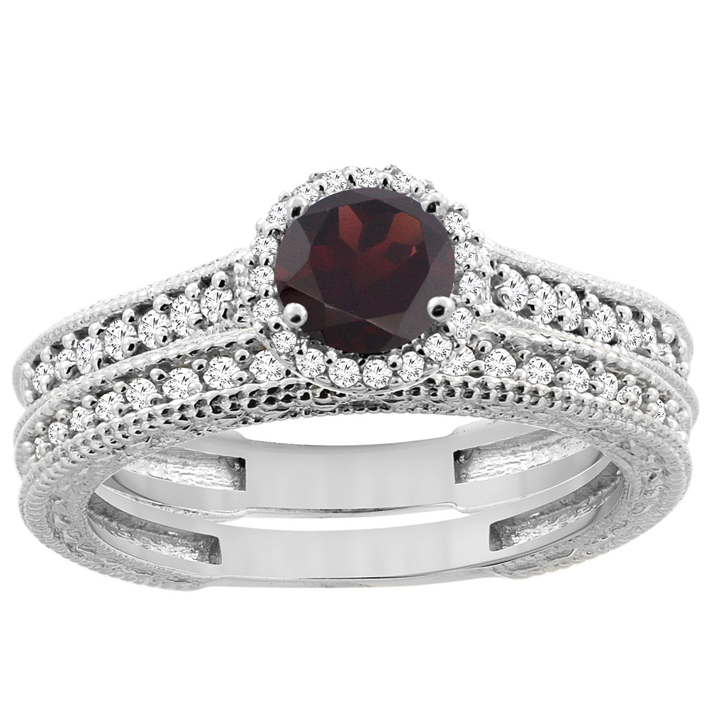 14K White Gold Natural Garnet Round 5mm Engagement Ring 2-piece Set Diamond Accents, sizes 5 - 10