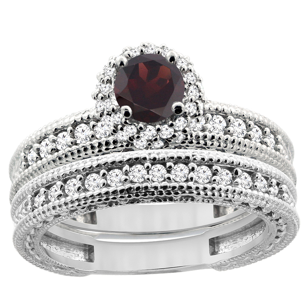 14K White Gold Diamond Natural Garnet Round 4mm Engagement Ring 2-piece Set, sizes 5 - 10