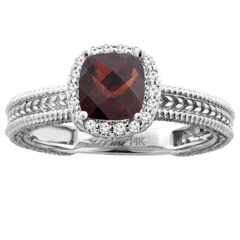 14K White Gold Diamond Natural Garnet Engagement Ring Cushion 7x7 mm, sizes 5-10