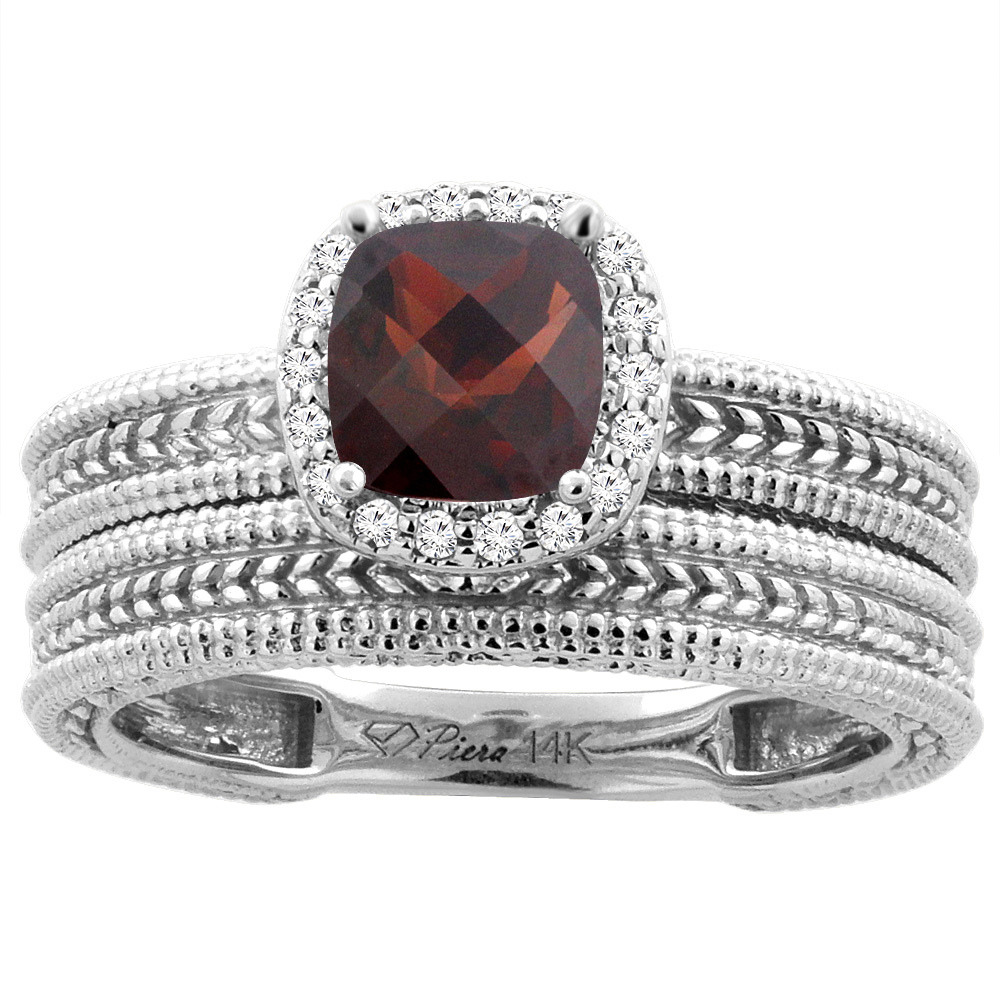 14K White Gold Diamond Natural Garnet 2-pc Engagement Ring Set Cushion 7x7 mm, sizes 5-10