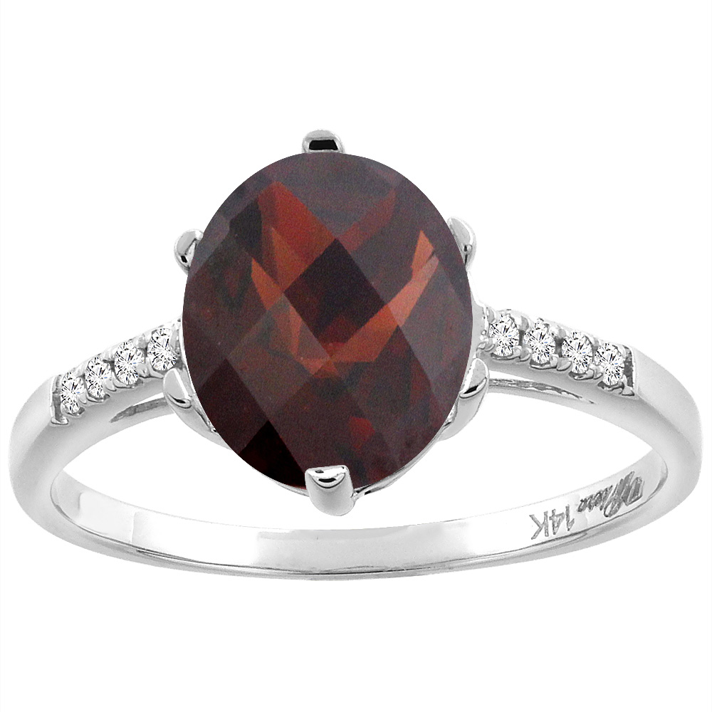 14K White Gold Natural Garnet & Diamond Ring Oval 10x8 mm, sizes 5-10