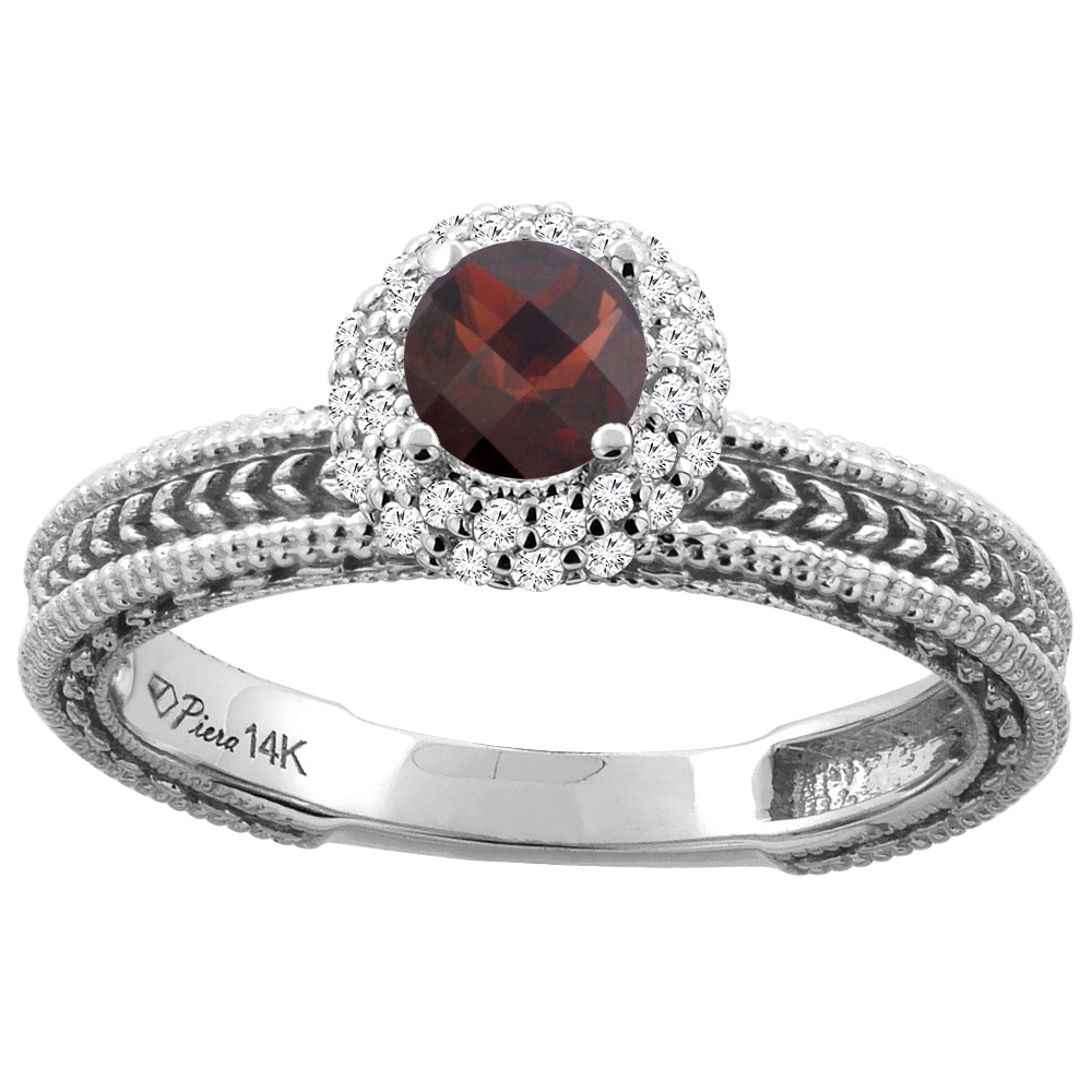 14K White Gold Natural Garnet &amp; Diamond Engagement Ring Round 5 mm, sizes 5-10