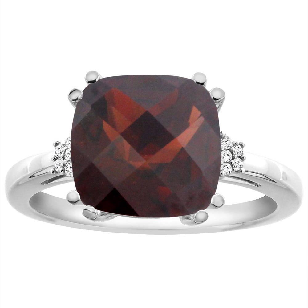 14K Yellow Gold Diamond Natural Garnet Engagement Ring Cushion-cut 10x10 mm, sizes 5-10