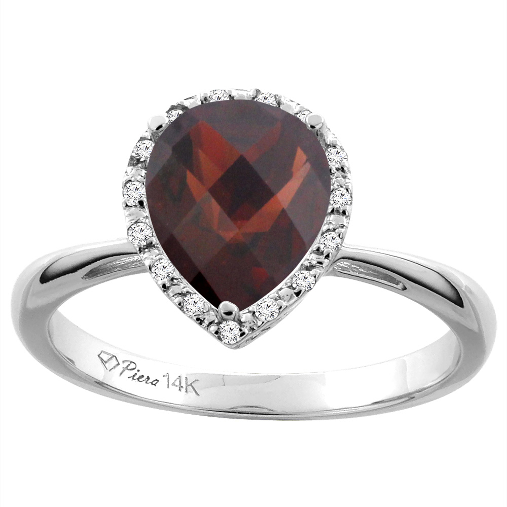 14K White Gold Natural Garnet & Diamond Halo Engagement Ring Pear Shape 9x7 mm, sizes 5-10