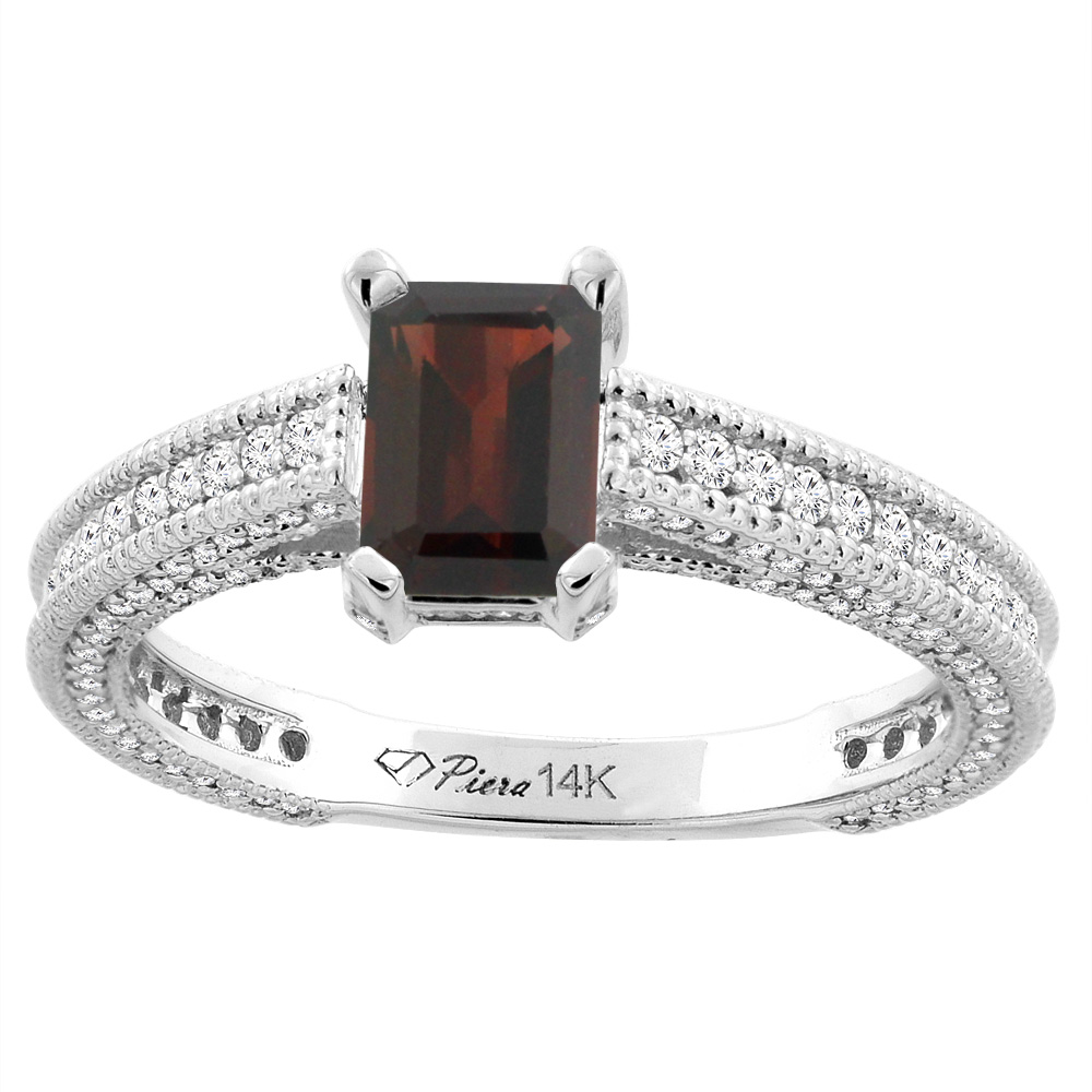 14K White Gold Natural Garnet & Diamond Ring Octagon 7x5 mm, sizes 5-10