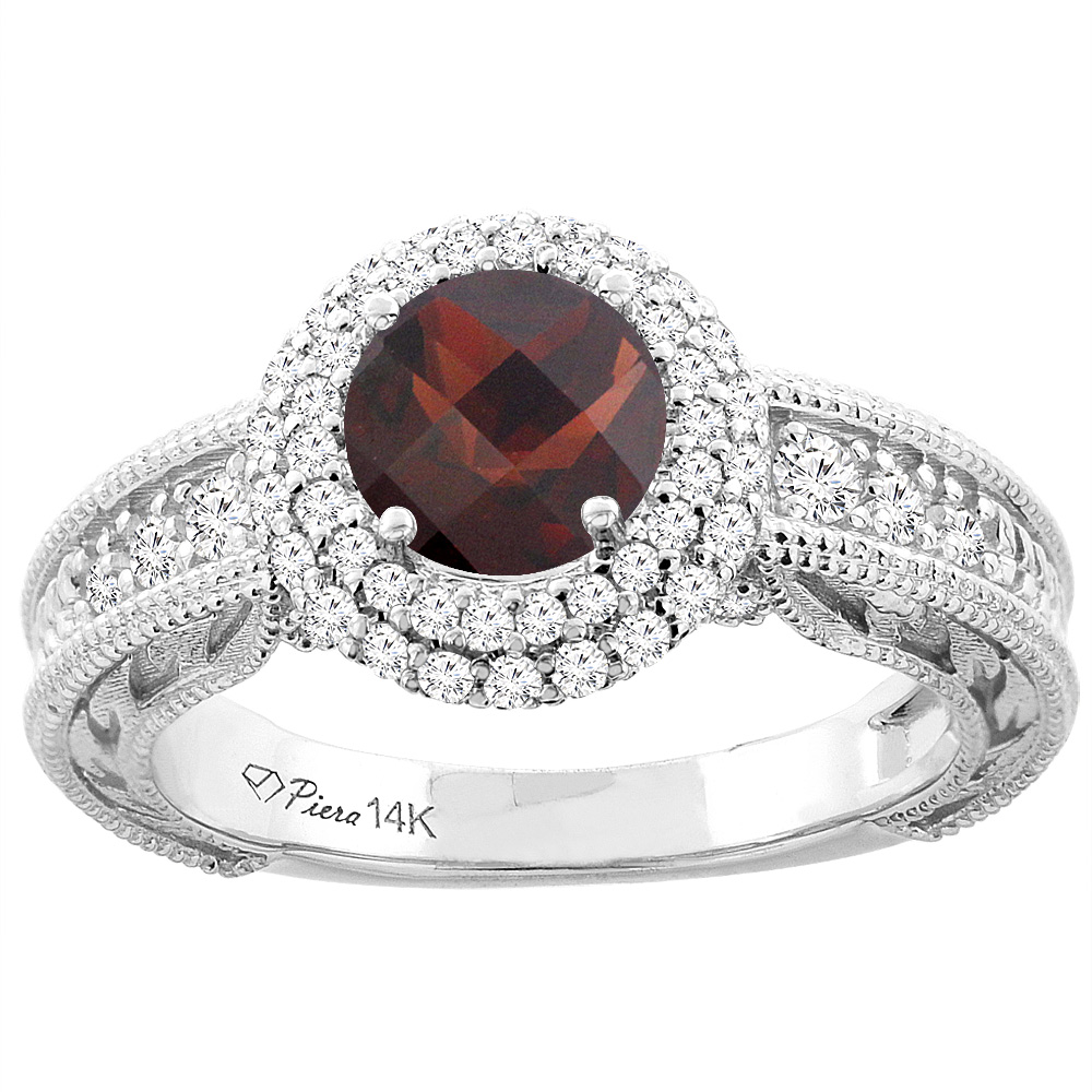 14K Yellow Gold Natural Garnet &amp; Diamond Halo Ring Round 6 mm, sizes 5-10