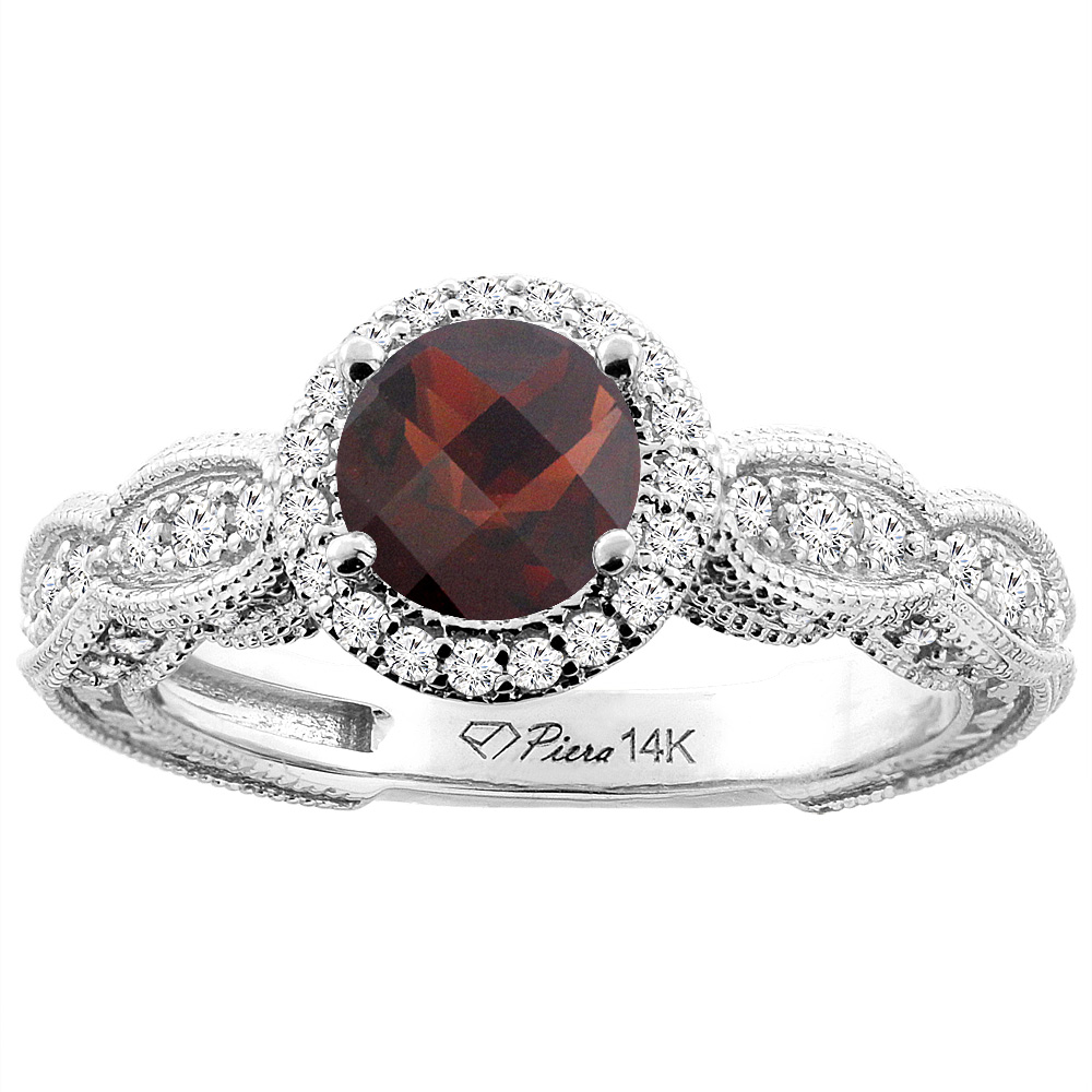 14K White Gold Natural Garnet &amp; Diamond Halo Ring Round 6 mm, sizes 5-10