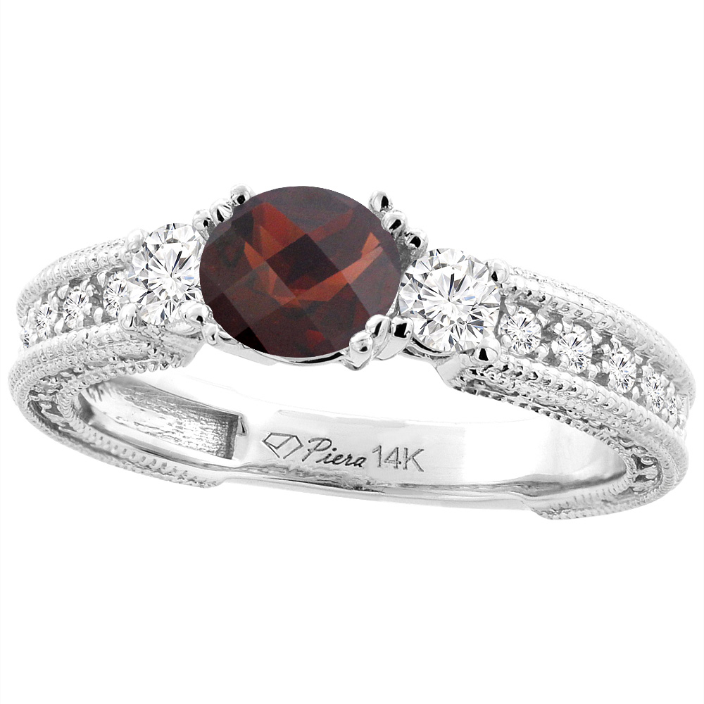 14K White Gold Natural Garnet & Diamond Ring Round 6 mm, sizes 5-10