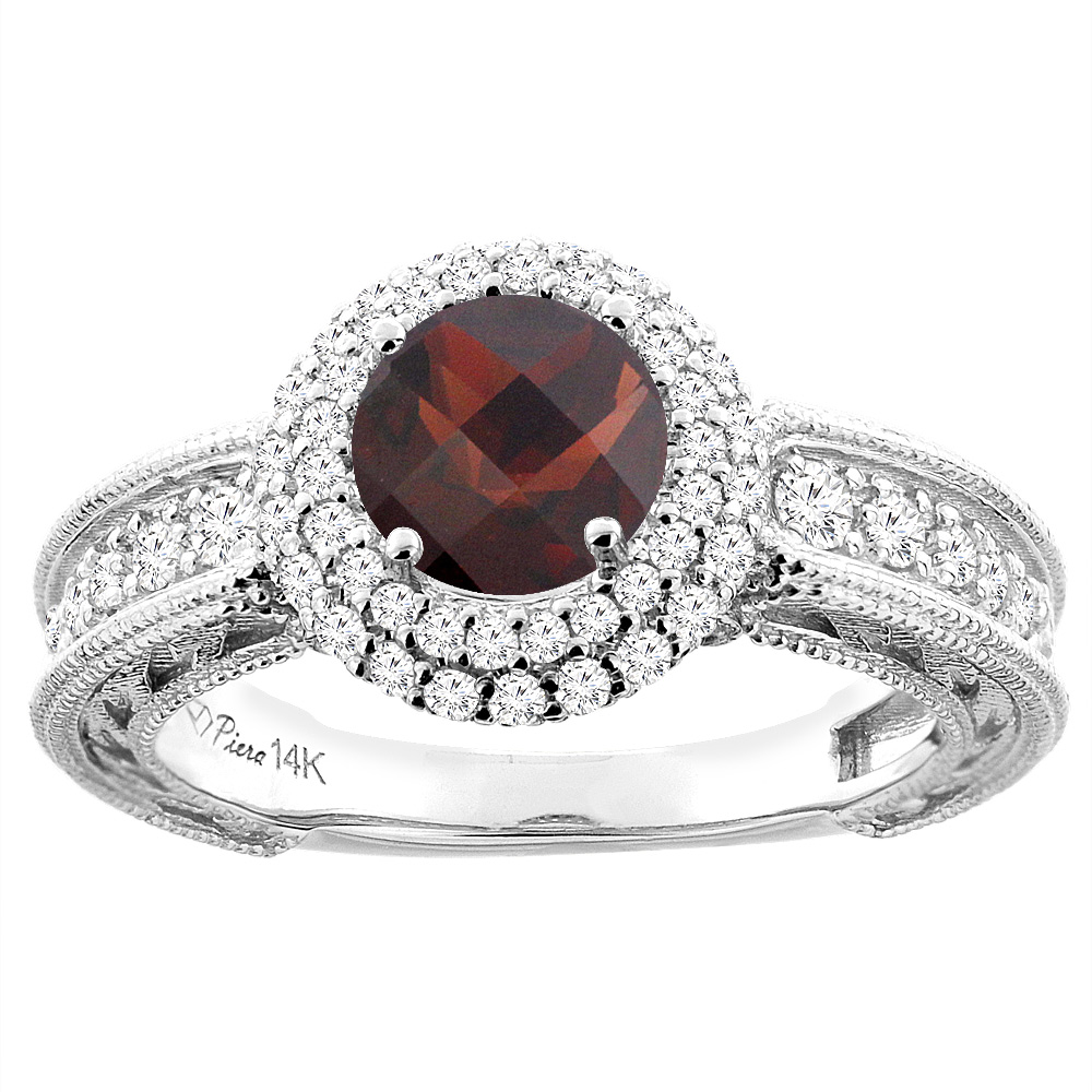 14K Yellow Gold Natural Garnet & Diamond Halo Ring Round 6 mm, sizes 5-10