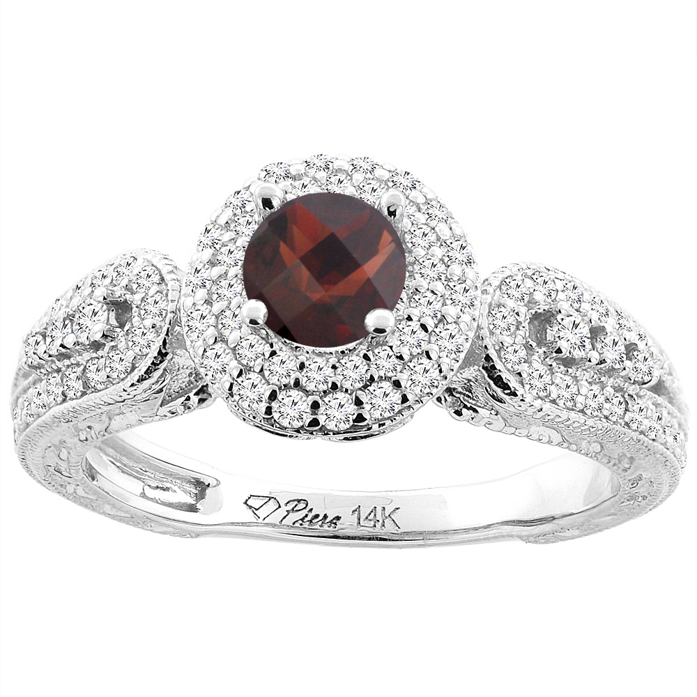 14K White Gold Natural Garnet & Diamond Halo Ring Round 5 mm, sizes 5-10