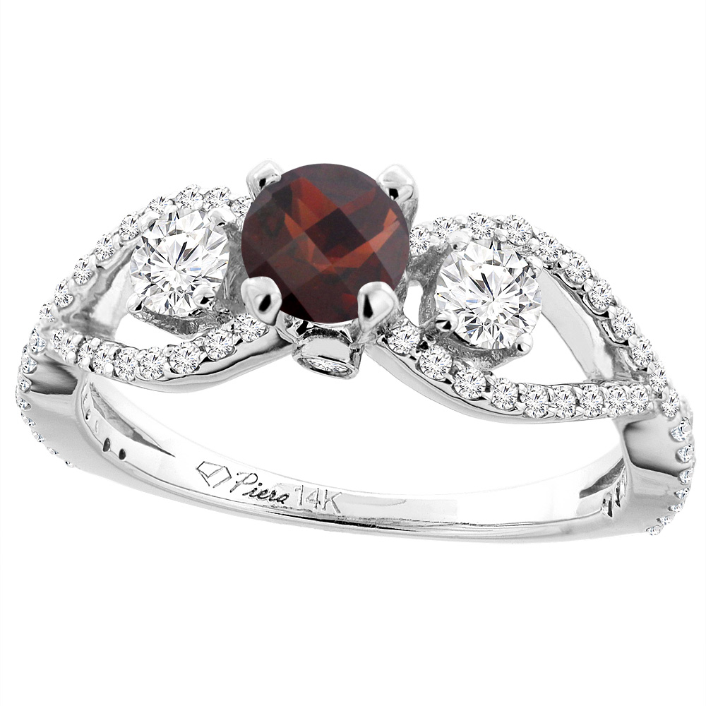 14K White Gold Natural Garnet & Diamond Ring Round 6 mm, sizes 5-10