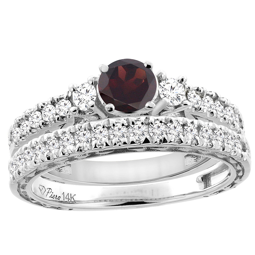 14K Yellow Gold Diamond Natural Garnet Engagement 2-pc Ring Set Engraved Round 6 mm, sizes 5 - 10