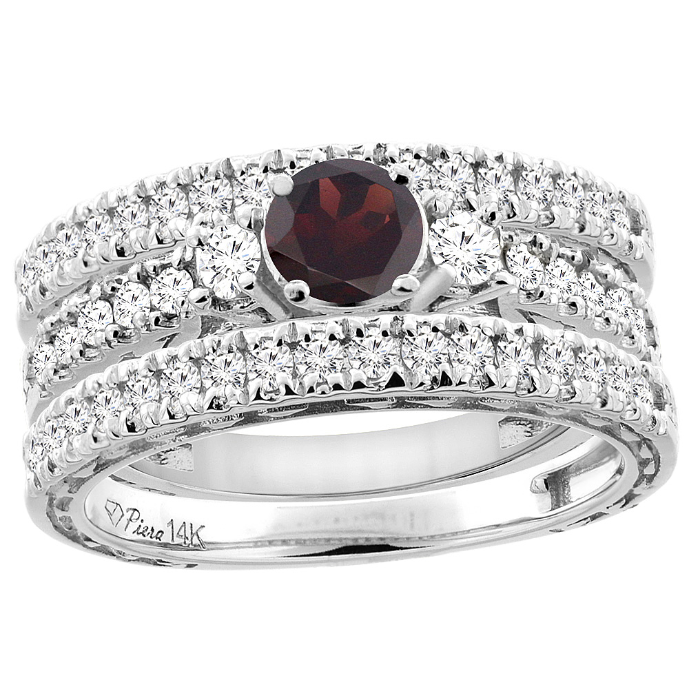 14K White Gold Diamond Natural Garnet Engagement 3-pc Ring Set Engraved Round 6 mm, sizes 5 - 10