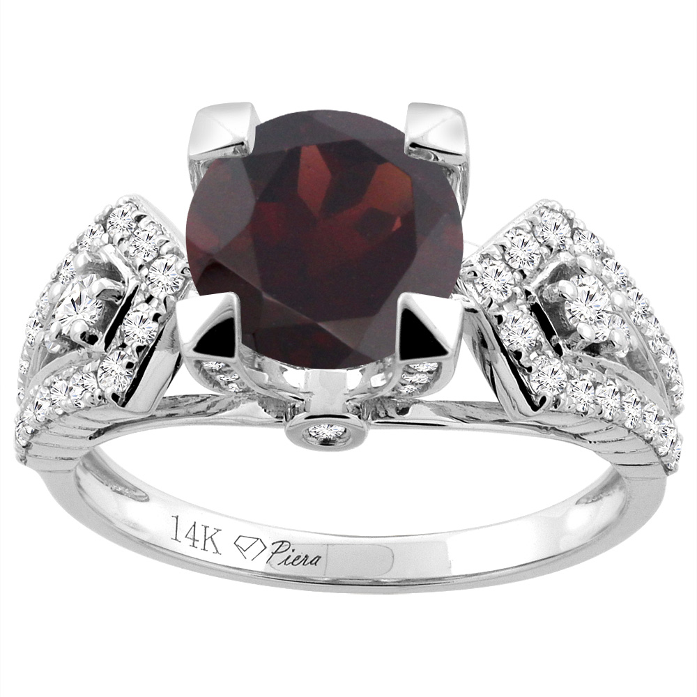 14K Gold Natural Garnet Ring Round 7 mm Diamond Accents, sizes 5 - 10