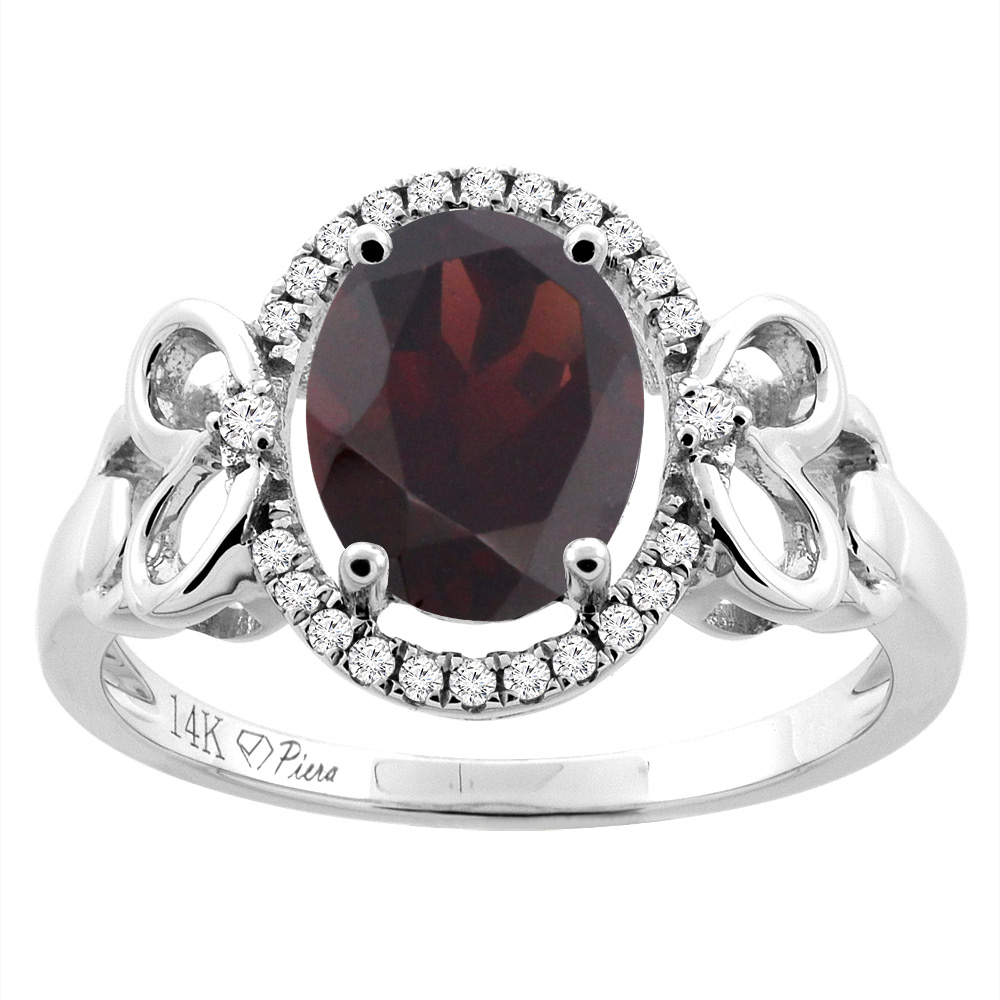 14K Gold Natural Garnet Halo Ring Oval 9x7 mm Diamond & Heart Accents, sizes 5 - 10