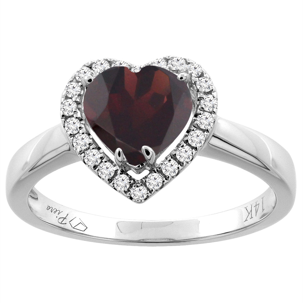 14K Gold Natural Garnet Halo Ring Heart 7x7 mm Diamond Accents, sizes 5 - 10