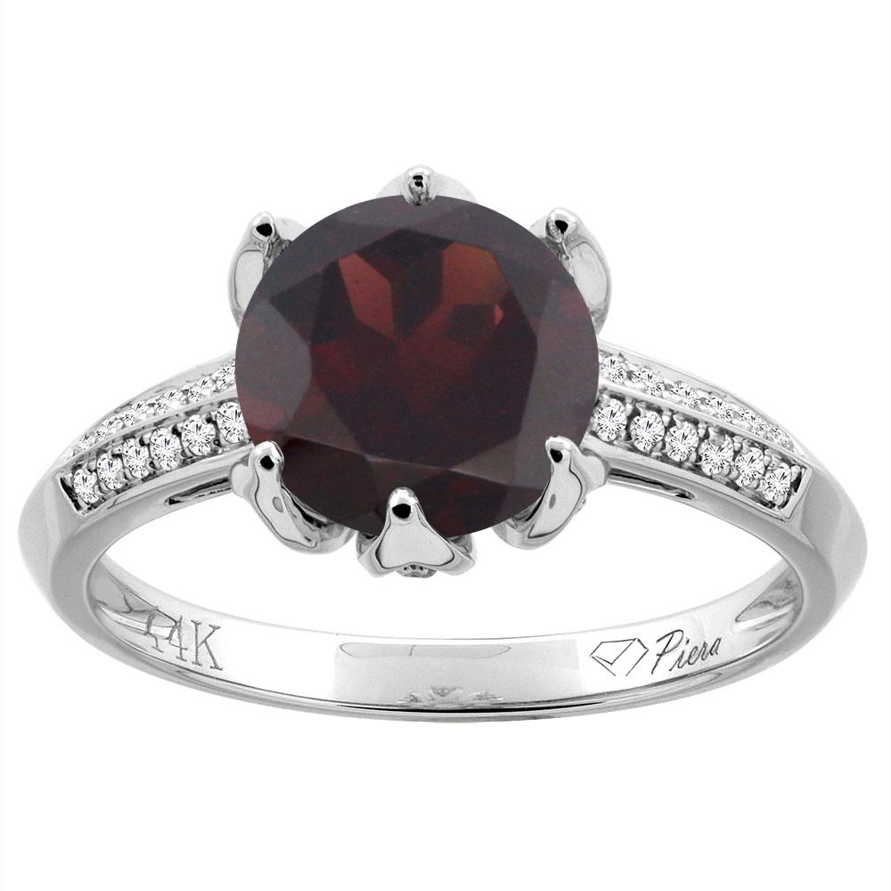 14K Gold Natural Garnet Ring Round 8 mm Diamond Accents, sizes 5 - 10