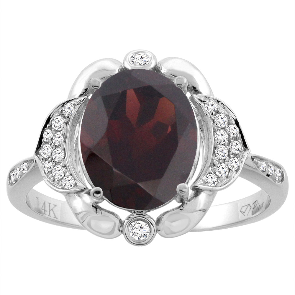 14K White Gold Diamond Natural Garnet Engagement Ring Oval 10x8mm, sizes 5-10