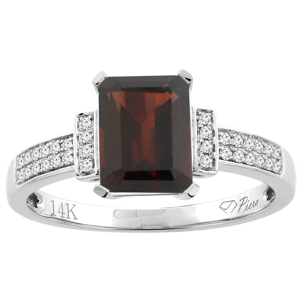 14K Gold Natural Garnet Ring Octagon 8x6 mm Diamond Accents, sizes 5 - 10