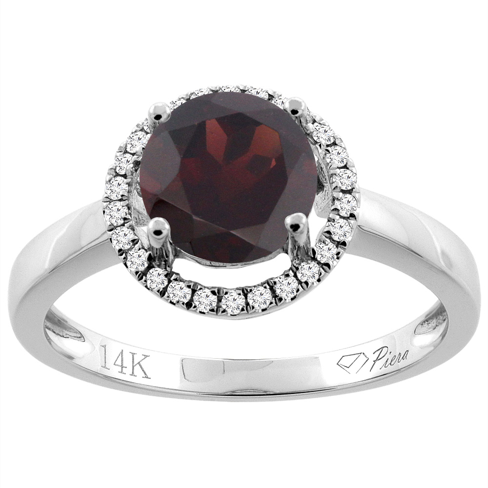 14K Gold Natural Garnet Ring Round 7 mm Diamond Accents, sizes 5 - 10