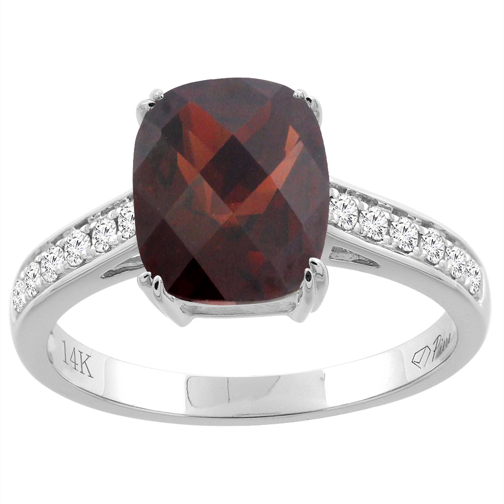 14K Gold Natural Garnet Ring Cushion Cut 9x7 mm Diamond Accents, sizes 5 - 10