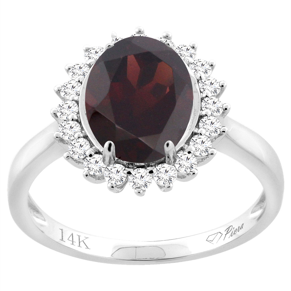 14K White Gold Diamond Natural Garnet Engagement Ring Oval 10x8mm, sizes 5-10