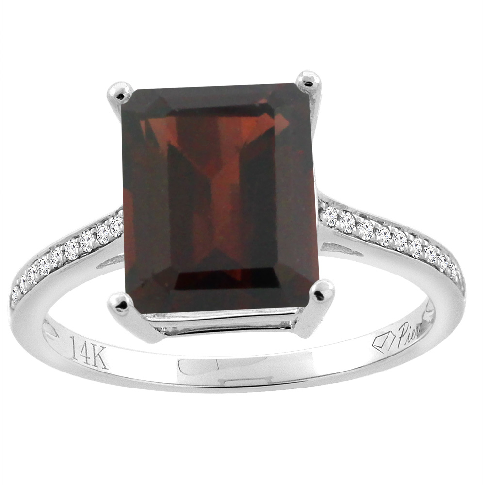 14K Gold Natural Garnet Ring Octagon 10x8 mm Diamond Accents, sizes 5 - 10