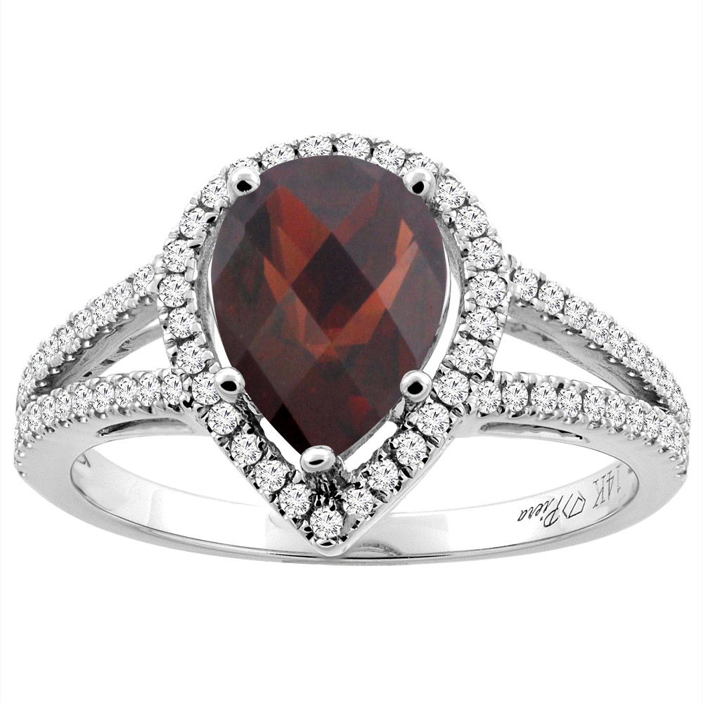 14K Gold Natural Garnet Ring Pear Shape 9x7 mm Diamond Accents, sizes 5 - 10