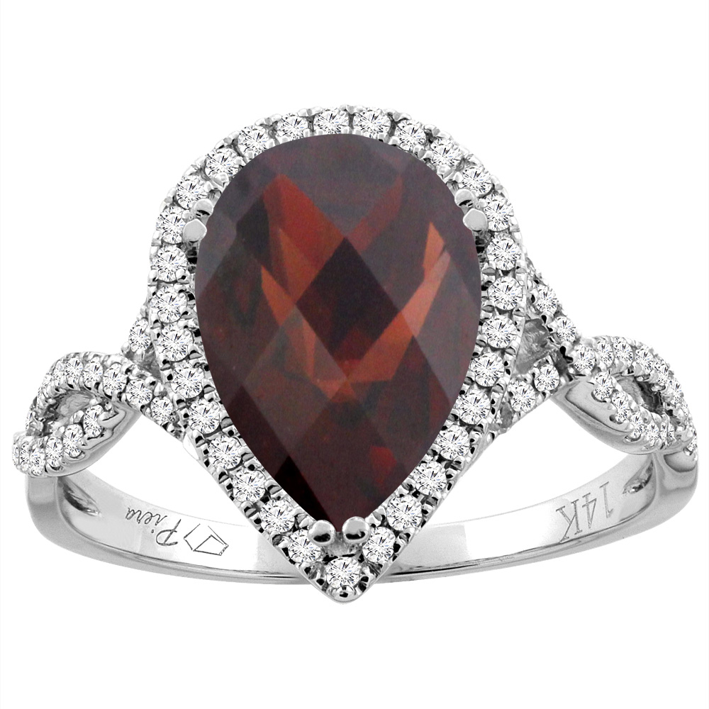 14K Gold Natural Garnet Ring Pear Shape 12x8 mm Diamond Accents, sizes 5 - 10